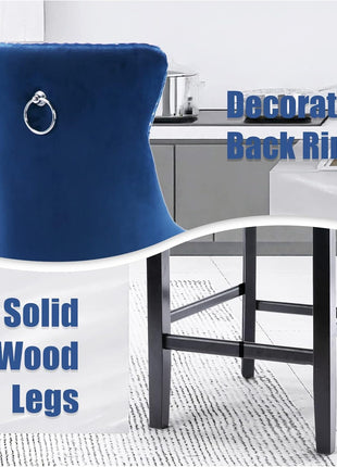 Set of 4 Modern Velvet Bar Stools with Wooden Legs, Button Tufted Design, and Chrome Nailhead Accents (Blue)
