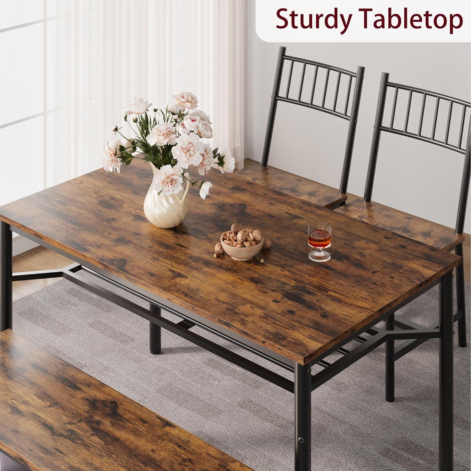 Dining Table Set for 4 with Bench and Chairs, 4-Piece Kitchen Table Set with Storage – Space-Saving Dining Table for Apartments and Dining Rooms, Brown