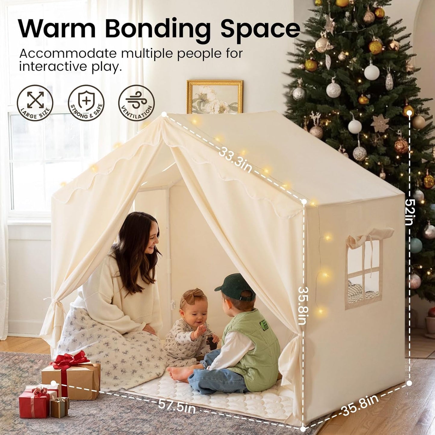 Kids Tent with Mat and Star Lights, Indoor Playhouse for Toddlers, 57"X36"X52" Large Reading Nook for Girls & Boys, Modern Bed Canopy for Kids Room
