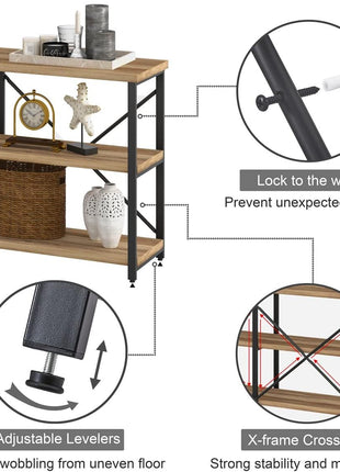 55-Inch Vintage Oak Industrial Console Table - 3-Tier Hallway Table for Entryway and Living Room