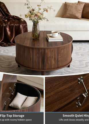 Mid-Century Modern Round Coffee Table with Storage - 31.69" Fluted Center Table for Living Room, Rustic Wood 2-Tier Design with Sliding Cabinet Door, Brown