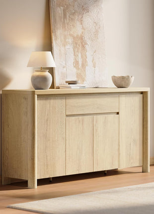 63" Sideboard Cabinet with Storage, Four-Door Buffet Cabinet with Drawer and Adjustable Shelves, Contemporary Wood Credenza Coffee Bar for Living and Dining Rooms, Natural Oak Finish