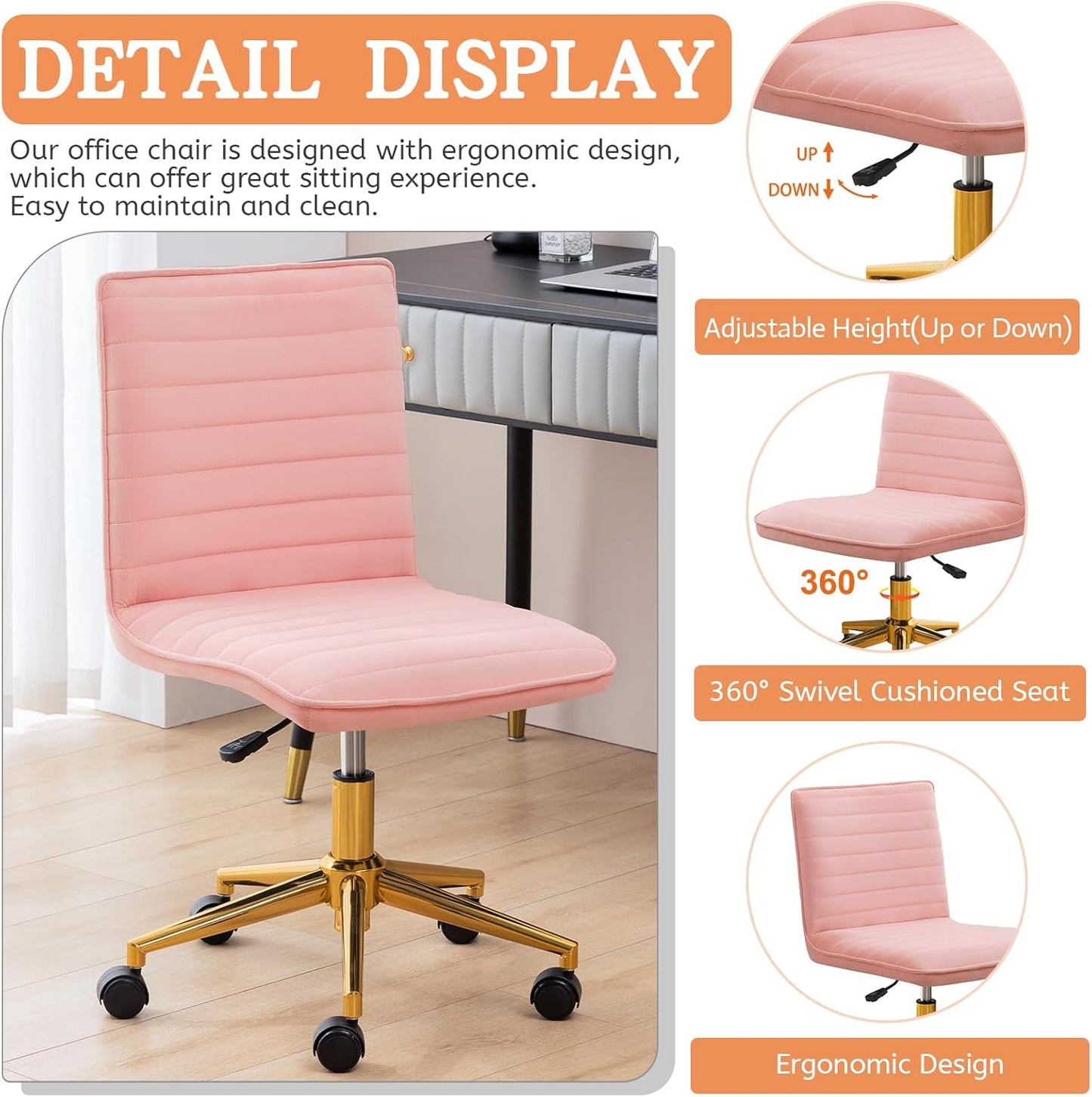 Armless Vanity Chair with Wheels, Computer Rolling Desk Chair with Back, Pink Office Chair with Height Adjustable Soft Velvet Fabic Gold Metal Base Stool,Pink