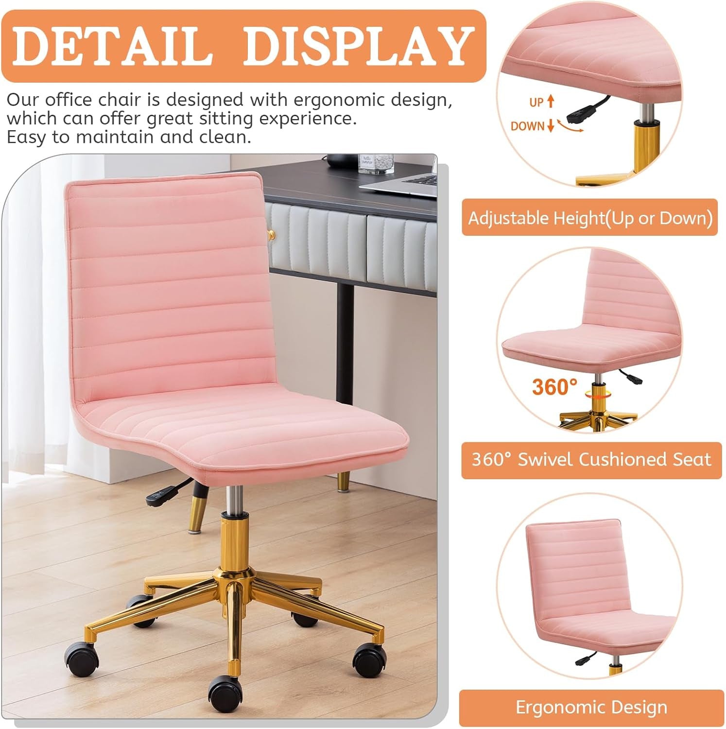 Armless Vanity Chair with Wheels, Computer Rolling Desk Chair with Back, Pink Office Chair with Height Adjustable Soft Velvet Fabic Gold Metal Base Stool,Pink