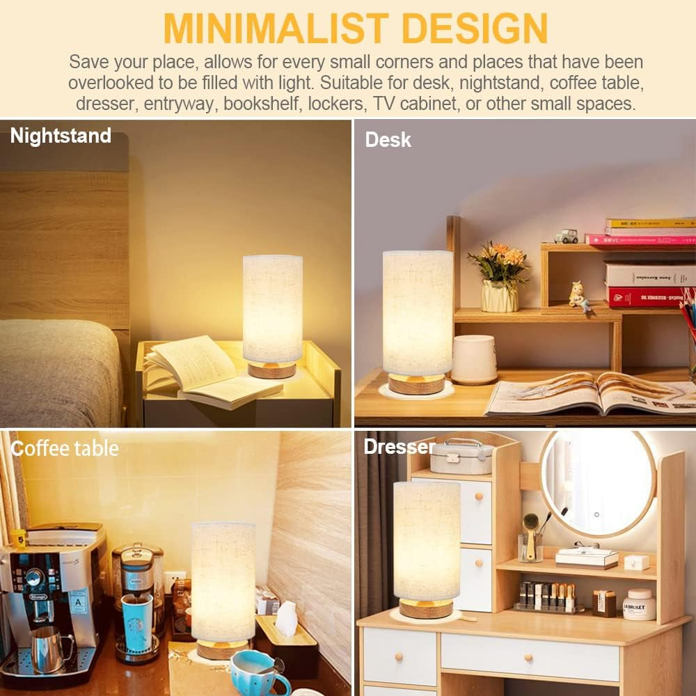Small Bedside Table Lamp for Bedroom Set of 2,Minimalist Wood Base & round Fabric Shade,Mini Cute Cozy Warm Nightstand Boho Lamp Set, Study Desk Night Stand Light for Room, Dorm,Nursery,Living Room