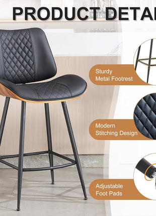 Set of 2 Modern Counter Height Barstools, 26.9" Armless Design with Metal Legs, Walnut Finish, PU Leather Bentwood Chairs for Home Counter, Kitchen Island, and Cafe (Black)
