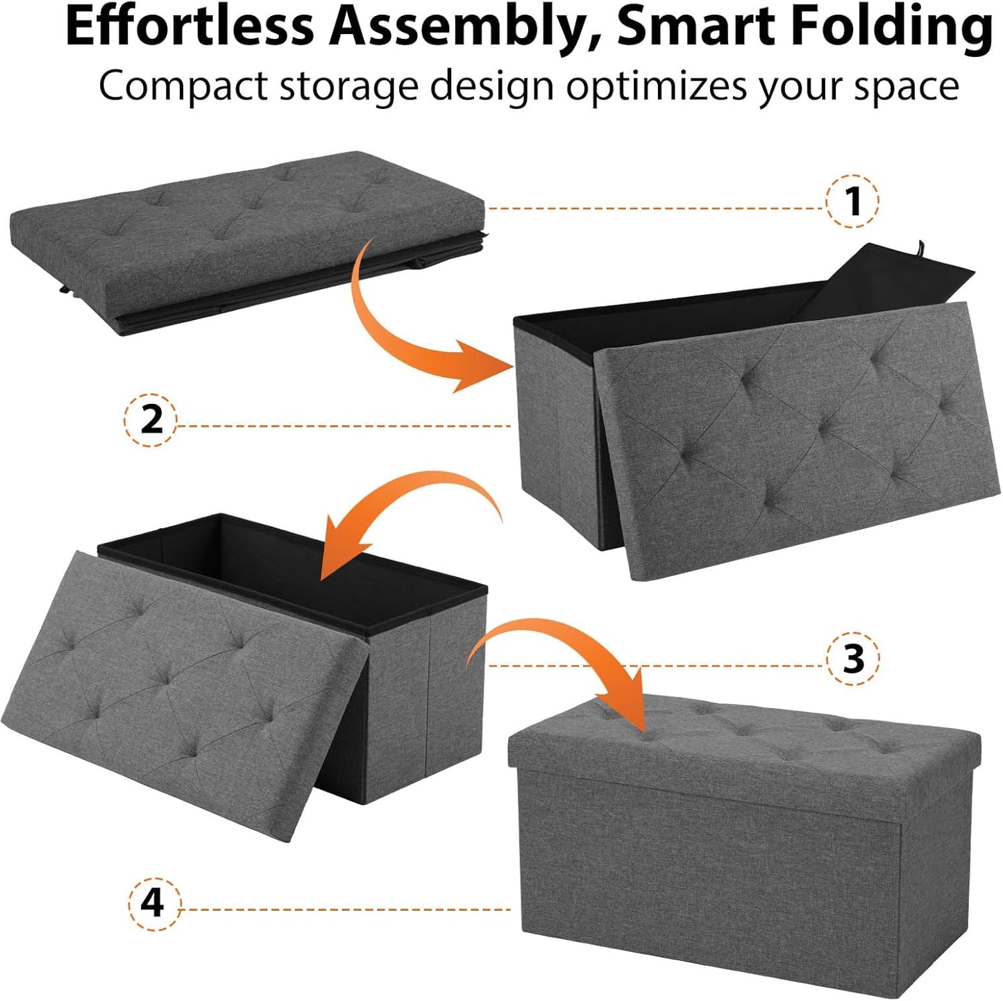 30In Foldable Storage Ottoman Bench, Storage Chest, End of Bed Foot Rest Stool with Padded Seat, Bedroom Bench for Living Room, Bedroom, Support 660Lbs, Grey