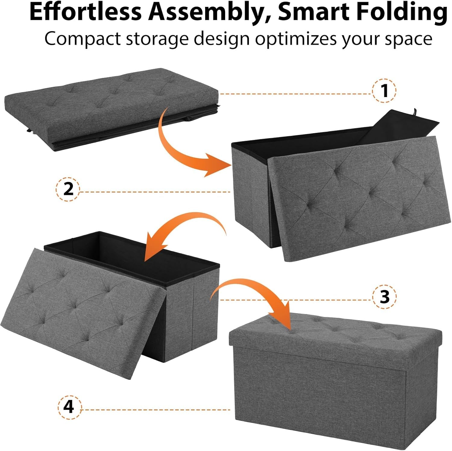 30In Foldable Storage Ottoman Bench, Storage Chest, End of Bed Foot Rest Stool with Padded Seat, Bedroom Bench for Living Room, Bedroom, Support 660Lbs, Grey