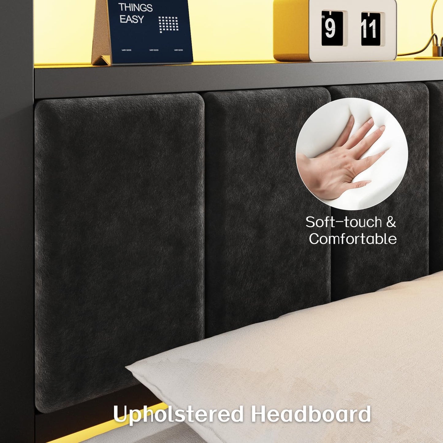 Queen Size Bed Frame with LED Lights & Charging Station, Modern Platform Bed with 2-Tier Storage Headboard, No Box Spring Needed, Noise Free