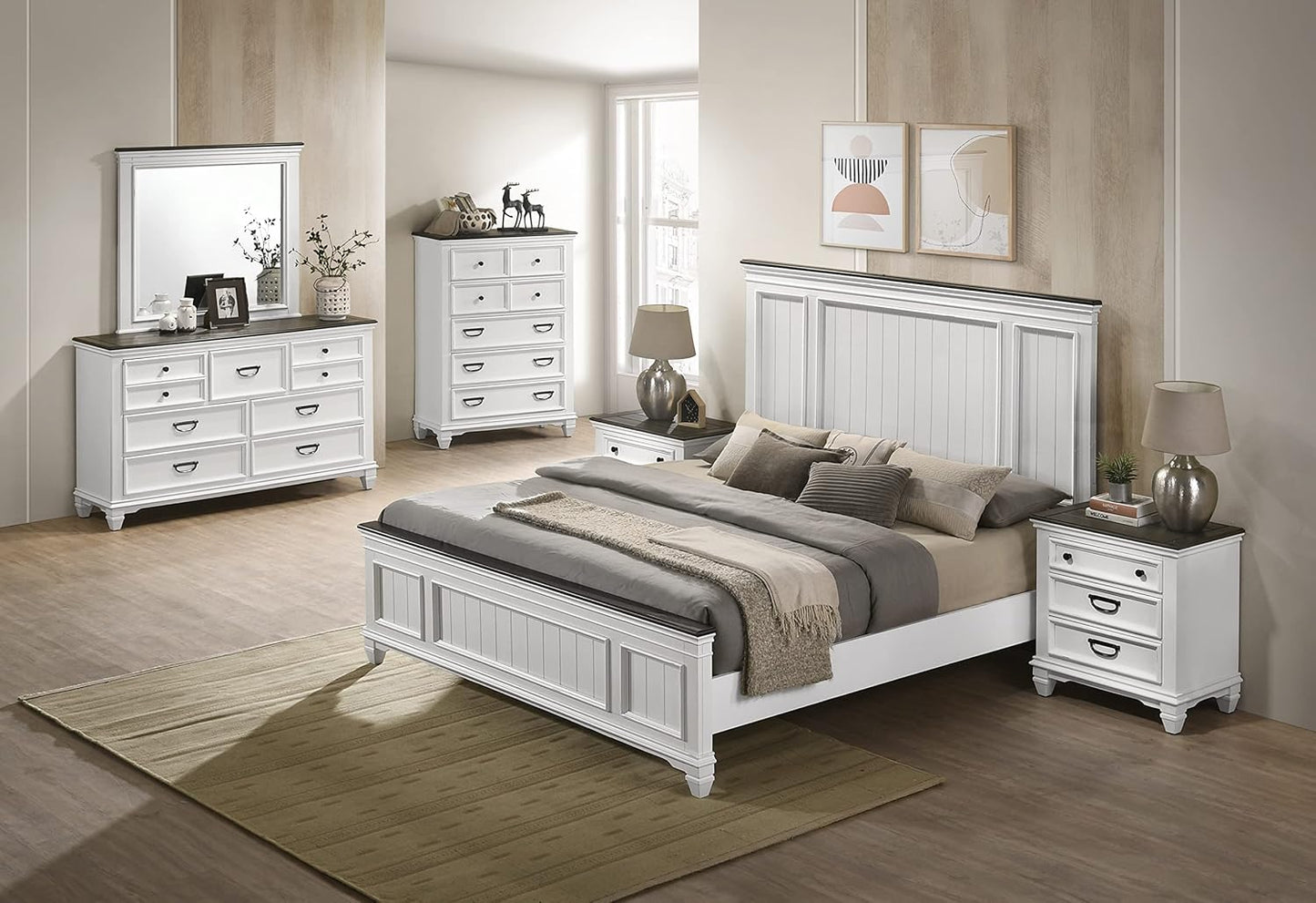Clelane Wood Bedroom Set with Shiplap Panel King Bed, Dresser, Mirror, Two Nightstands, and Chest in Weathered White and Dark Gray