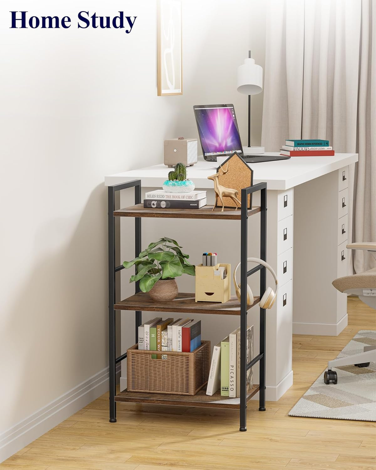 3-Tier Book Shelf - Wood & Metal Bookshelf with Handle & Adjustable Feet, Lightweight Bookcase for Living Room, Bedroom, Kitchen, Office or Dorm (16.5"×11.0"×28.1")