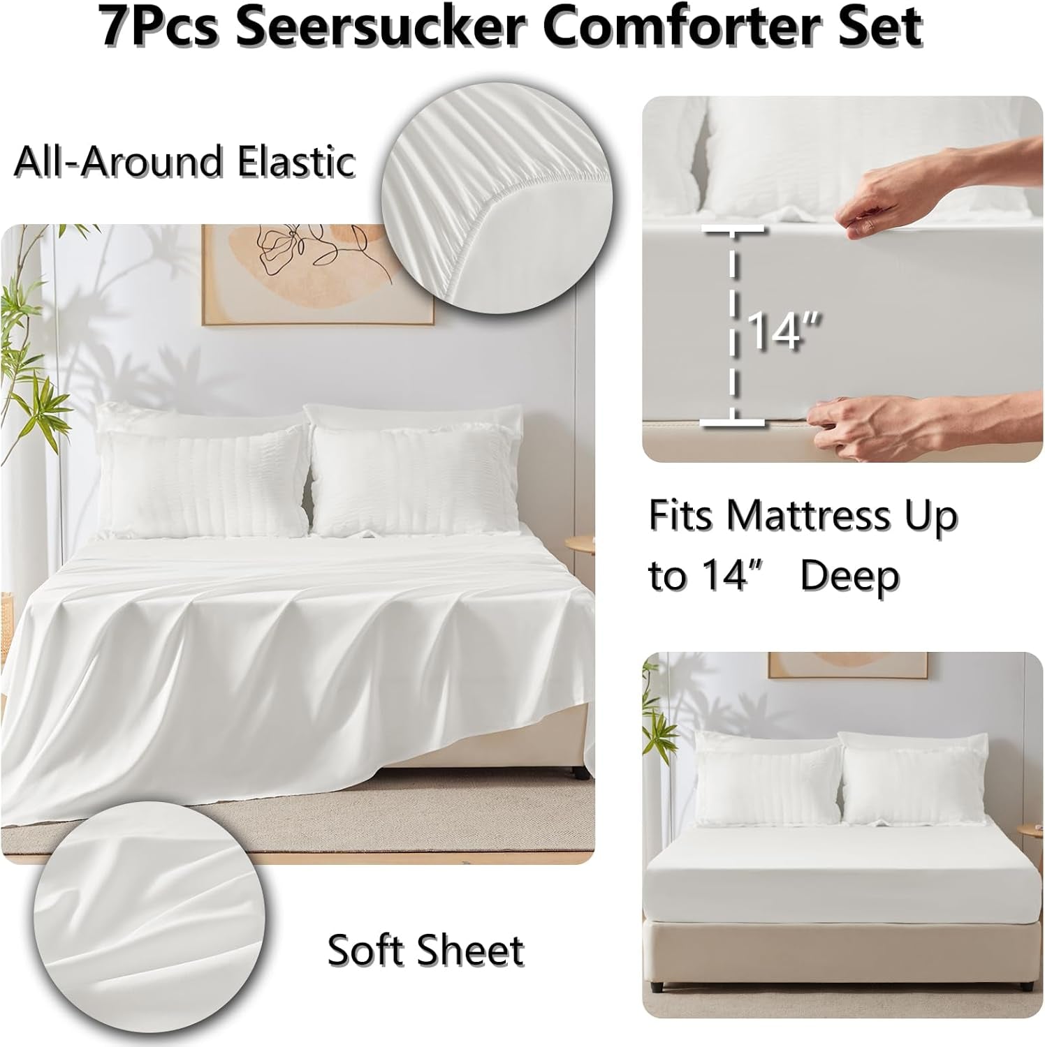 Queen Comforter Set White Seersucker 7 Pieces Bed in a Bag Queen Comforter Set with Sheets, Luxury Soft Bedding Set with down Alternative Comforter, Sheets, Pillowcases & Shams for All Seasons