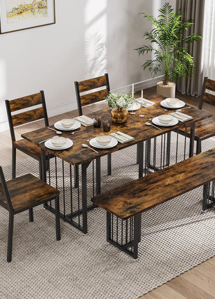 6-Piece Rustic Brown Dining Set for 6-8, 63-Inch Rectangular Kitchen Table with 4 Chairs and 2 Benches, Space-Saving Farmhouse Design for Apartments