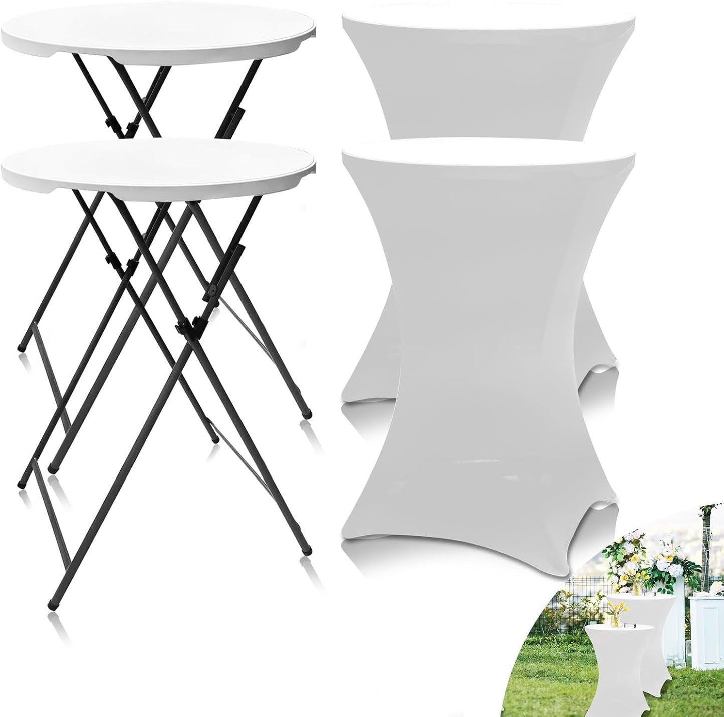 2Sets 32In Hightop Folding Cocktail Tables+Covers, White-Spandex Stretch Folding Bar Table Covers, Removable Legs Bar Height Folding Table Outdoor Indoor Use (2+2White/2Covers+2Tables)