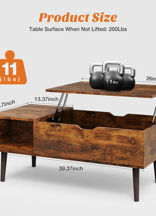 Lift-Top Coffee Table for Living Room - Compact Wooden Center Table with Storage Shelf and Concealed Compartment in Brown