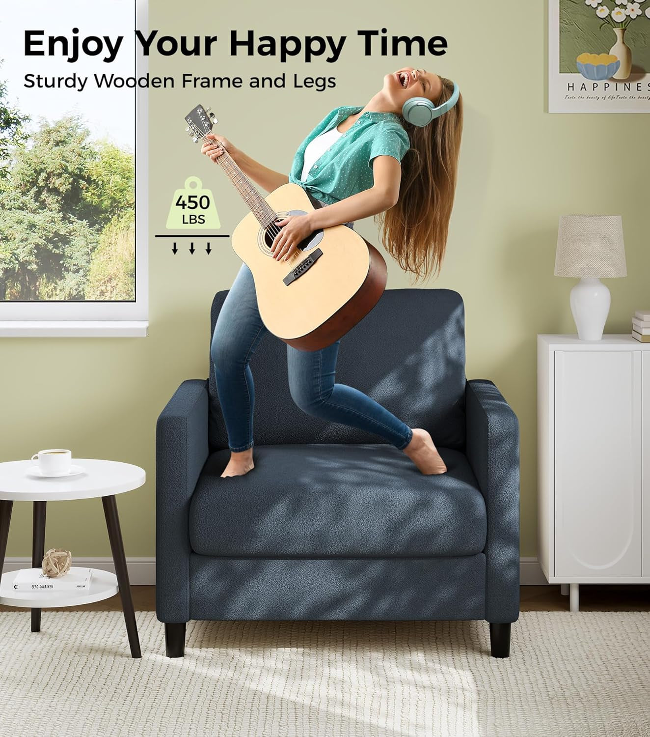 Sofa Accent Chair, 33" Reading Chair for Bedroom, Tool-Free Setup Living Room Accent Chairs, Comfy Arm Chairs Living Room, All-Wood Reading Nook, Blue Grey