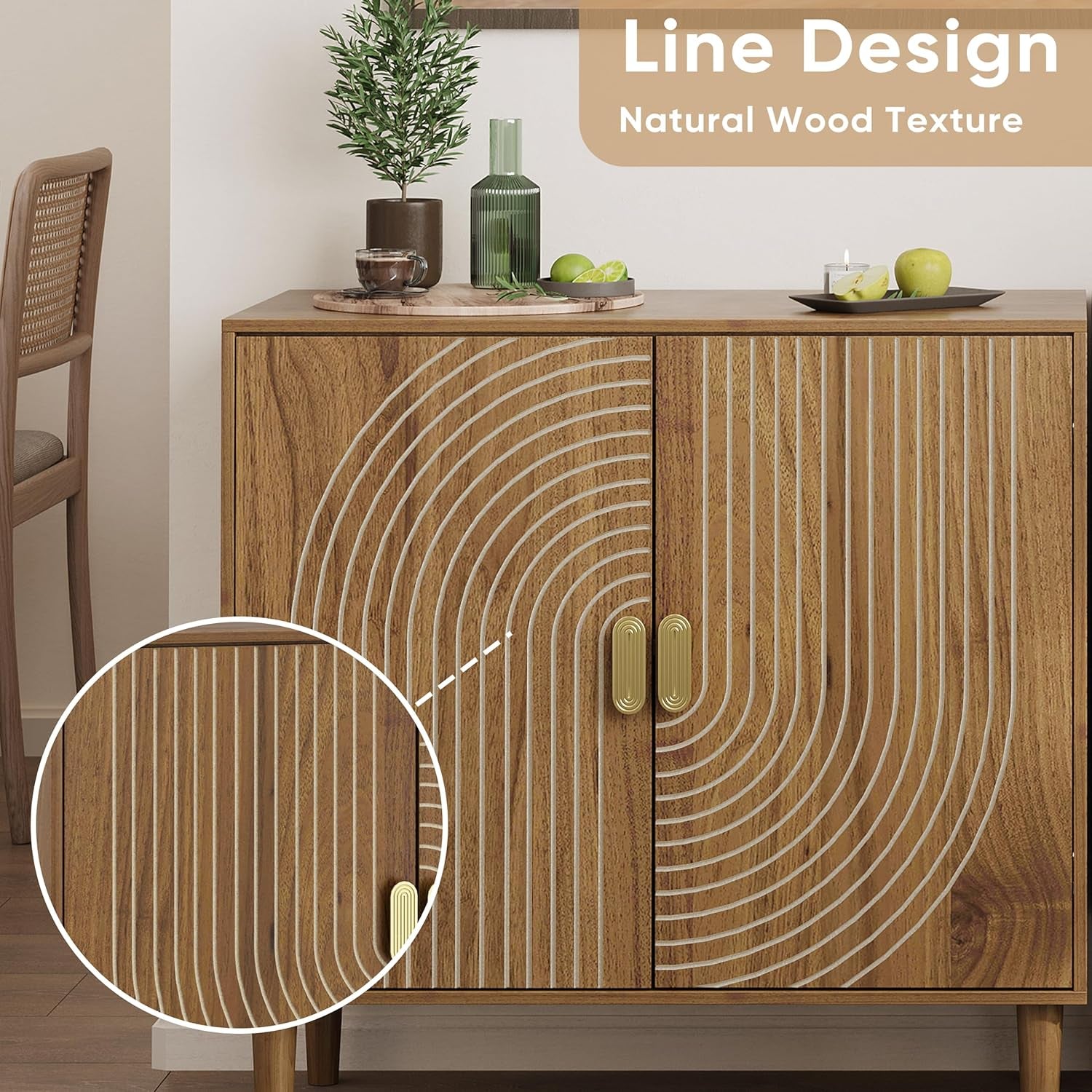 Walnut Sideboard Cabinet, Freestanding Buffet Cabinet with Line Groove Design, Wood Storage Cabinet with Adjustable Shelf for Living Room, Entryway, Hallway