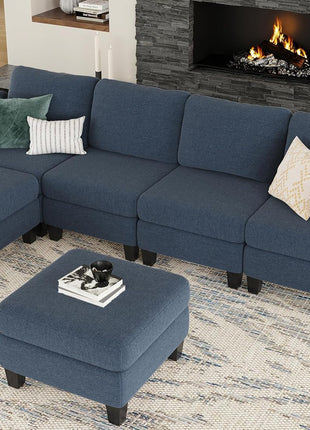 Elegant Blue Modular Sectional Sofa - 6-Seat Convertible Sleeper Couch with Ottomans for Enhanced Comfort in Your Living Room
