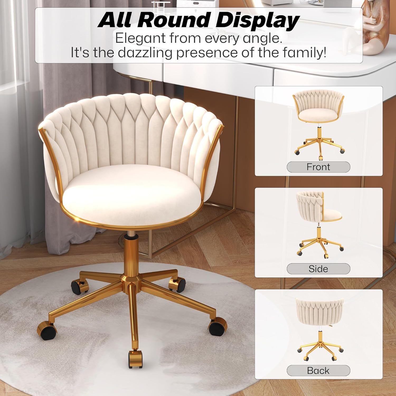 Velvet Woven Home Office Chair, Modern Swivel Desk Chair with Wheels, Height Adjustable Vanity Chair with Gold Metal Base and Hand Weaving Back, Beige