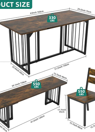 6-Piece Rustic Brown Dining Set for 6-8, 63-Inch Rectangular Kitchen Table with 4 Chairs and 2 Benches, Space-Saving Farmhouse Design for Apartments