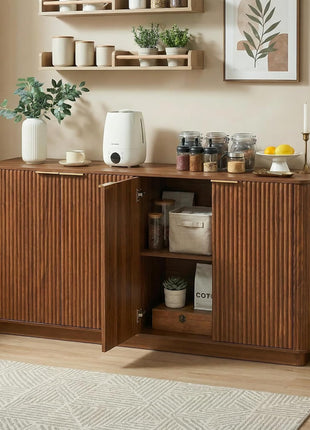 63-Inch Modern Sideboard Buffet Cabinet with Adjustable Shelves, 4-Door Storage Solution for Dining Room, Kitchen, and Entryway in Walnut Finish