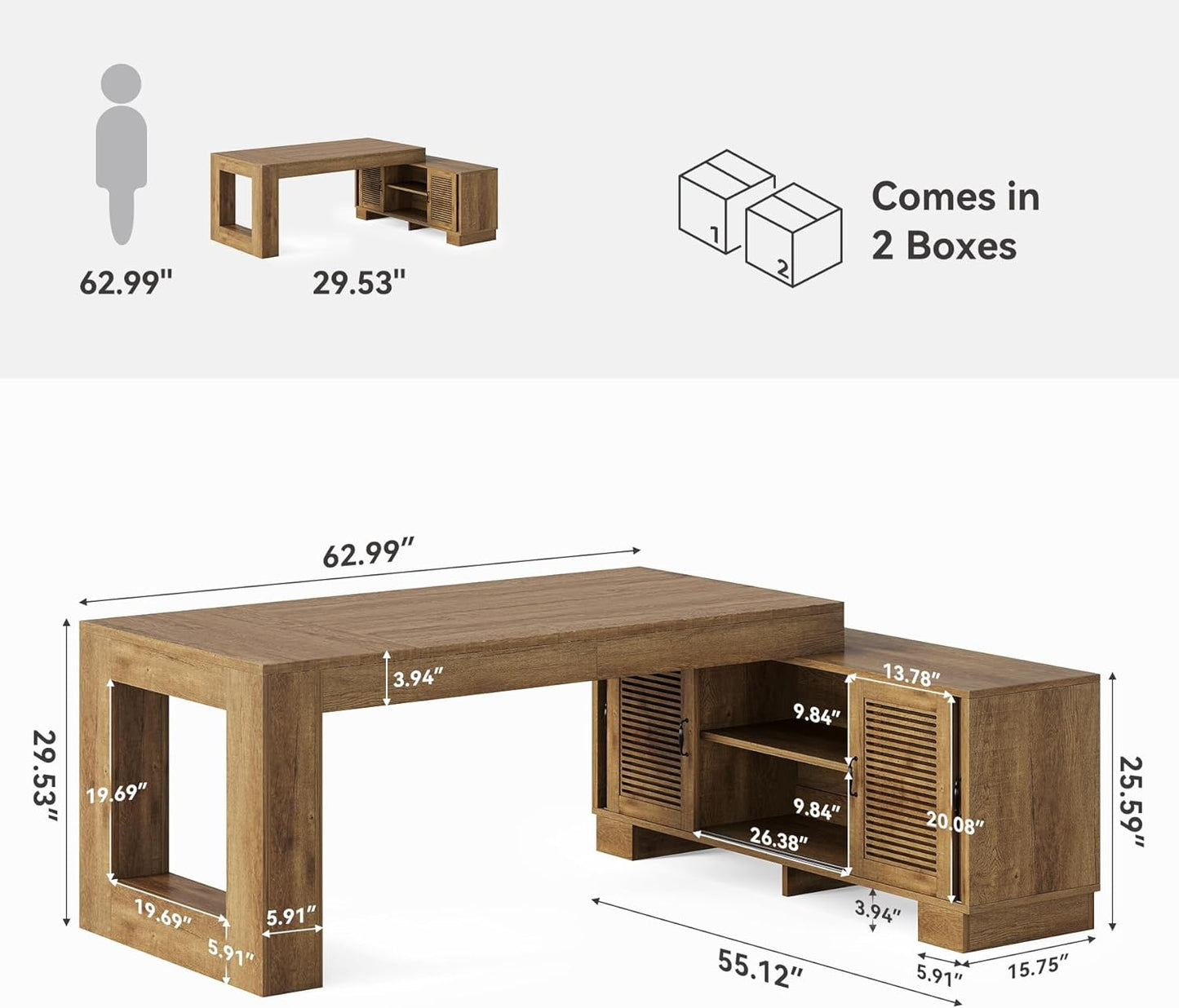 63" L Shaped Executive Desk with Storage, Farmhouse Home Office Desk with 2-Tier Cabinets and Shelves, Large Wooden Computer Table Business Furniture Workstation Set, Brown