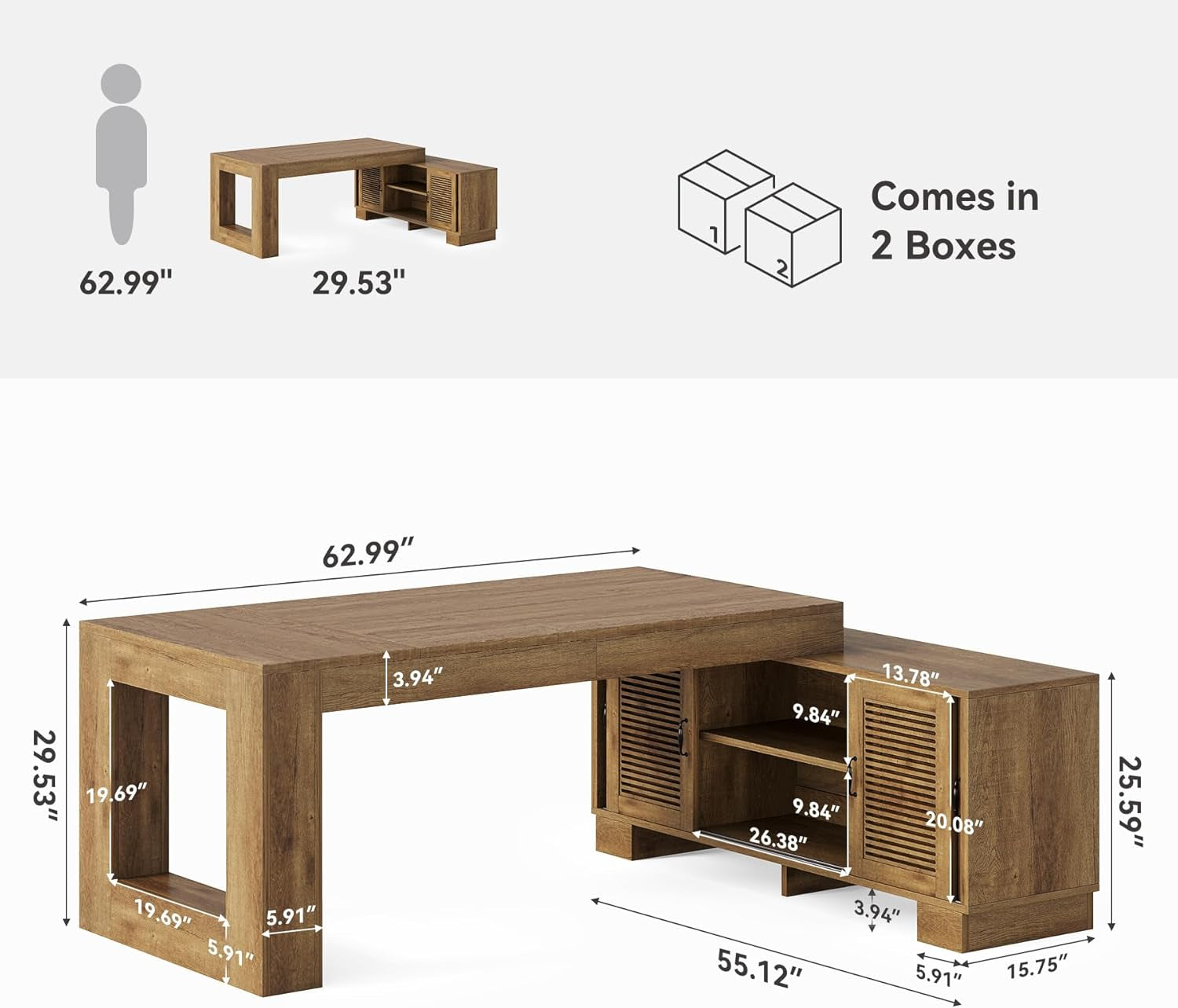 63" L Shaped Executive Desk with Storage, Farmhouse Home Office Desk with 2-Tier Cabinets and Shelves, Large Wooden Computer Table Business Furniture Workstation Set, Brown
