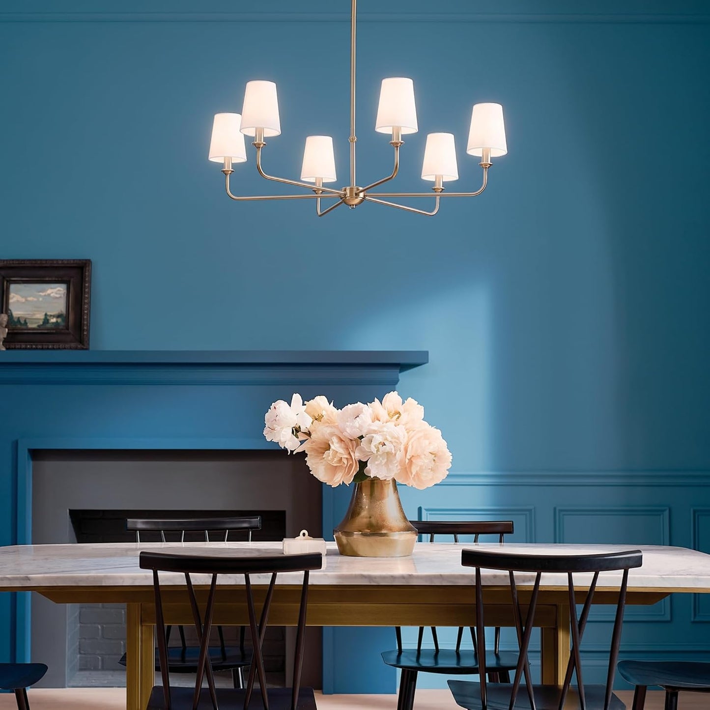 Pallas 6-Light Chandelier in Brushed Natural Brass, Classic Ceiling Light Fixture with Optional Linen Tapered Shades for Foyer, Living Room, or Dining Room, (32.25" W X 13.75" H), 52516BNB