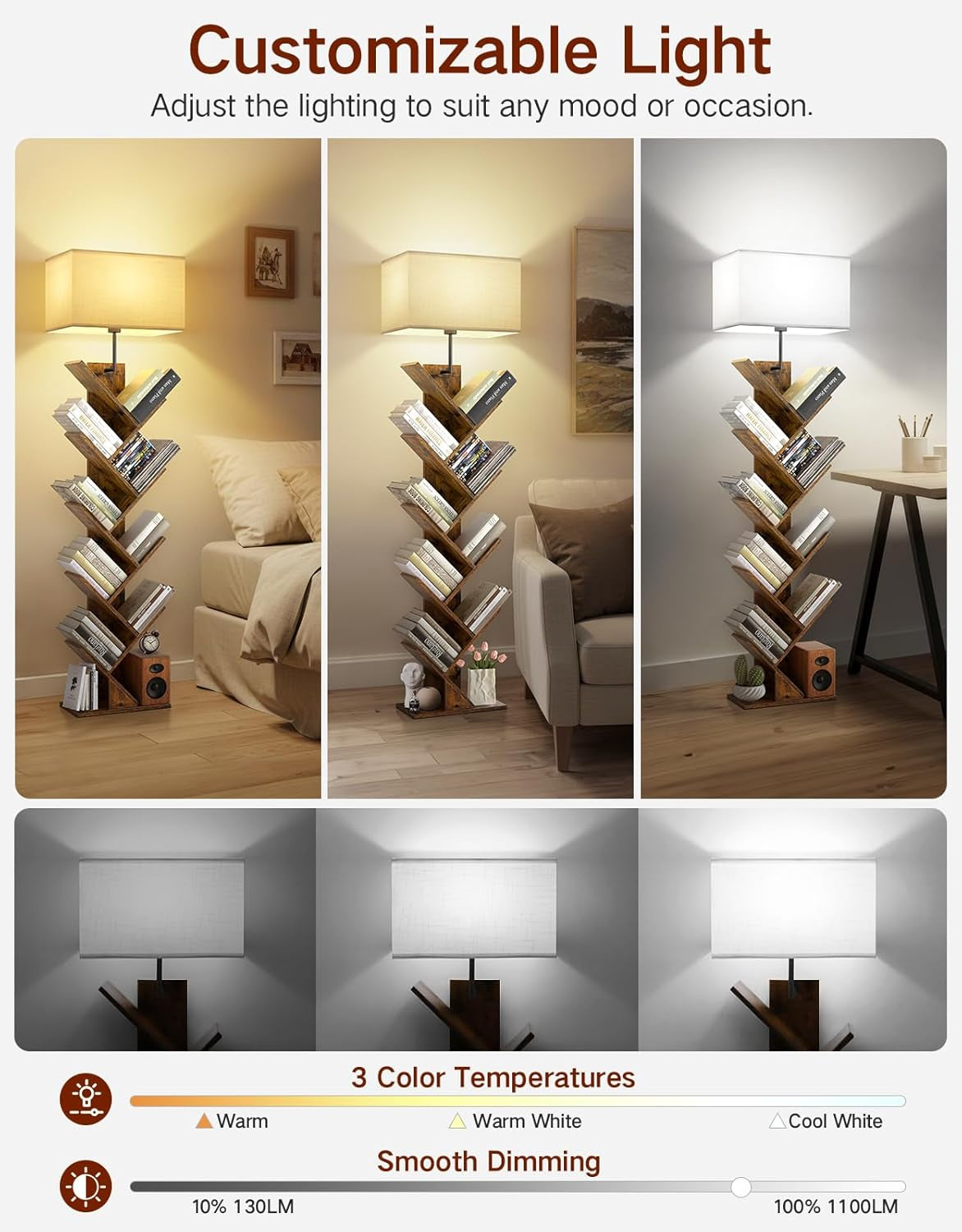 9 Tier Tree Bookshelf with Light, Remote & Timer, Modern Tall Floor Standing Book Shelf, Narrow Wood Bookcase, Small Book Organizer Shelves for Living Room, Bedroom, Office