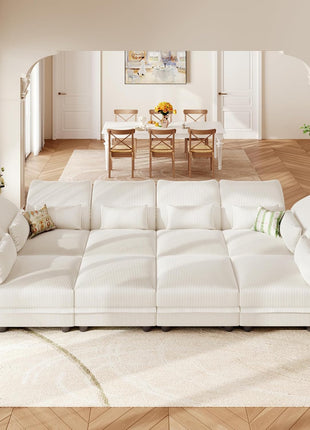 Corduroy Modular Sectional Sofa with Storage Seat, Convertible Design for Living Room, Adjustable Armrests and Backs, Plush Cushions, Seating for 8, Beige | Tool-Free Assembly, Versatile Layout Options
