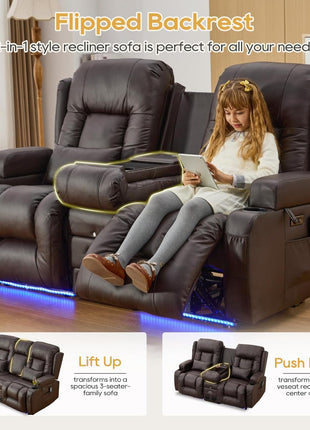 Premium Power Recliner Sofa with Flip-Up Backrest Console, USB & USB-C Ports, AC Outlet, LED Lighting, Space-Saving Design for Living Room and RV (Brown, 67" - 3 Seats) | Faux Leather, Zero Gravity, Dual Reclining, Includes 2 Lumbar Pillows and Bluetooth Speakers