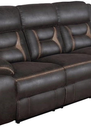 3-Piece Dark Brown Faux Leather Motion Living Room Set with Reclining Sofa, Glider Loveseat with Console, and Glider Recliner with Built-In Cup Holders, Storage, and Power Outlets