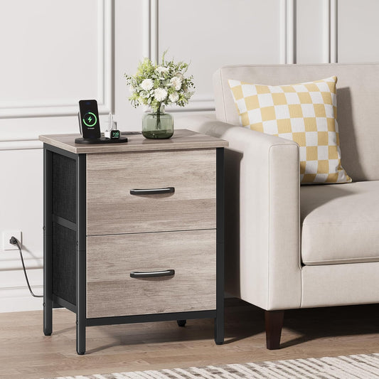Nightstand Set of 2 with Charging Station, End Table Bedside Table with Power Outlet & USB Ports, Side Table with 2 Fabric Drawers for Bedroom, Living Room, Greige