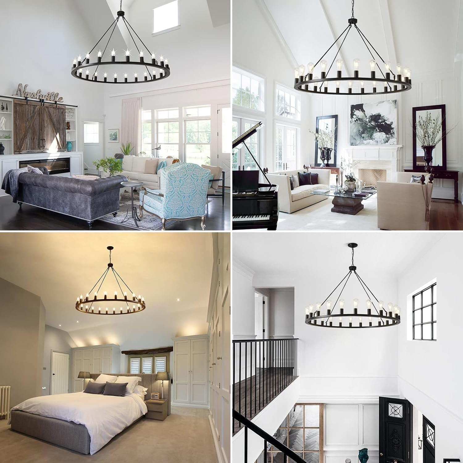 48-Inch Wagon Wheel Chandelier 24-Light, Extra Large Black Chandeliers, round Rustic Farmhouse Outdoor Chandelier for High Ceilings, Dining Room, Living Room, Foyer, E26