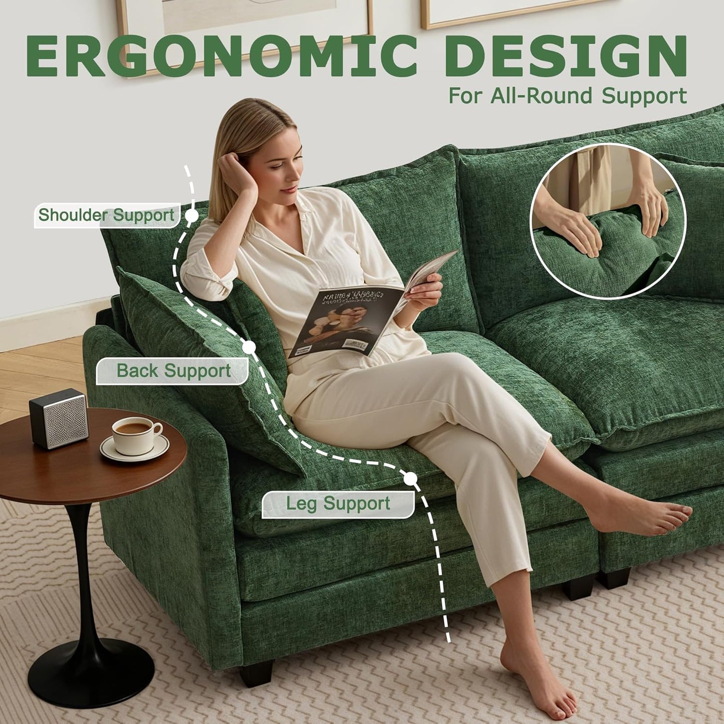 78" Modular Sectional Sofa, Cloud Couch Loveseat Sofa, Deep Seat Washable Chenille Fabric Sofa with Throw Pillows, 2 Seat Modern Couches for Living Room Bedroom Apartment, Green