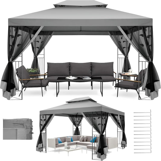 Gazebo 10X13 Heavy Duty Gazebos with Improved Nettings Outdoor Gazebo Double Roof Patio Gazebos with Metal Steel Frame Outdoor Canopy for Patio, Deck, Backyard (Gray)