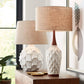 Rocco Mid Century Modern Table Lamp 30" Tall White Wave Geometric Ceramic Oak Wooden Neck Tan Fabric Drum Shade for Living Room Bedroom House Bedside Nightstand Home Office