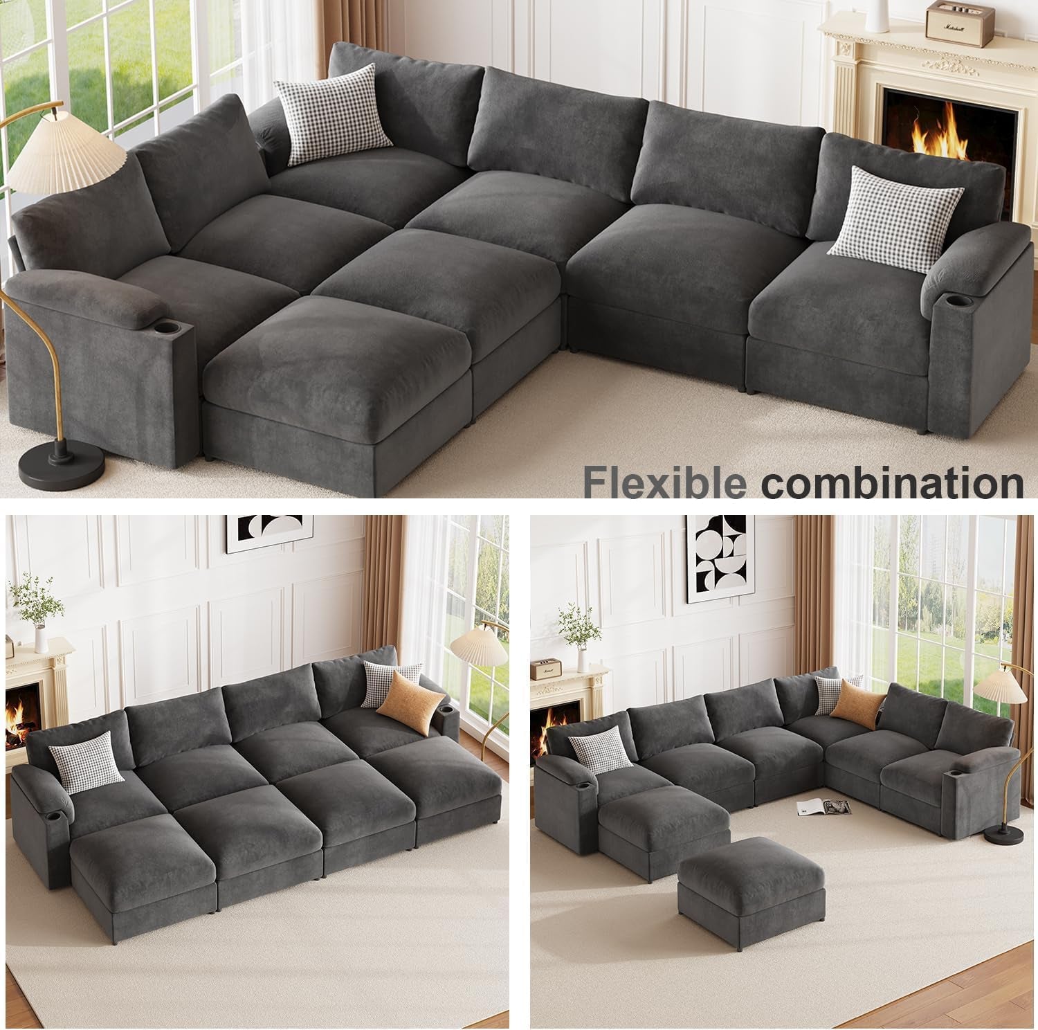 Modular Sectional Sofa Couch for Living Room Velvet Couches Oversized U Shaped Convertible Sleeper Sofa Chaise Detachable Armrest Cushion Cup Holder (Grey, 8 Seats)