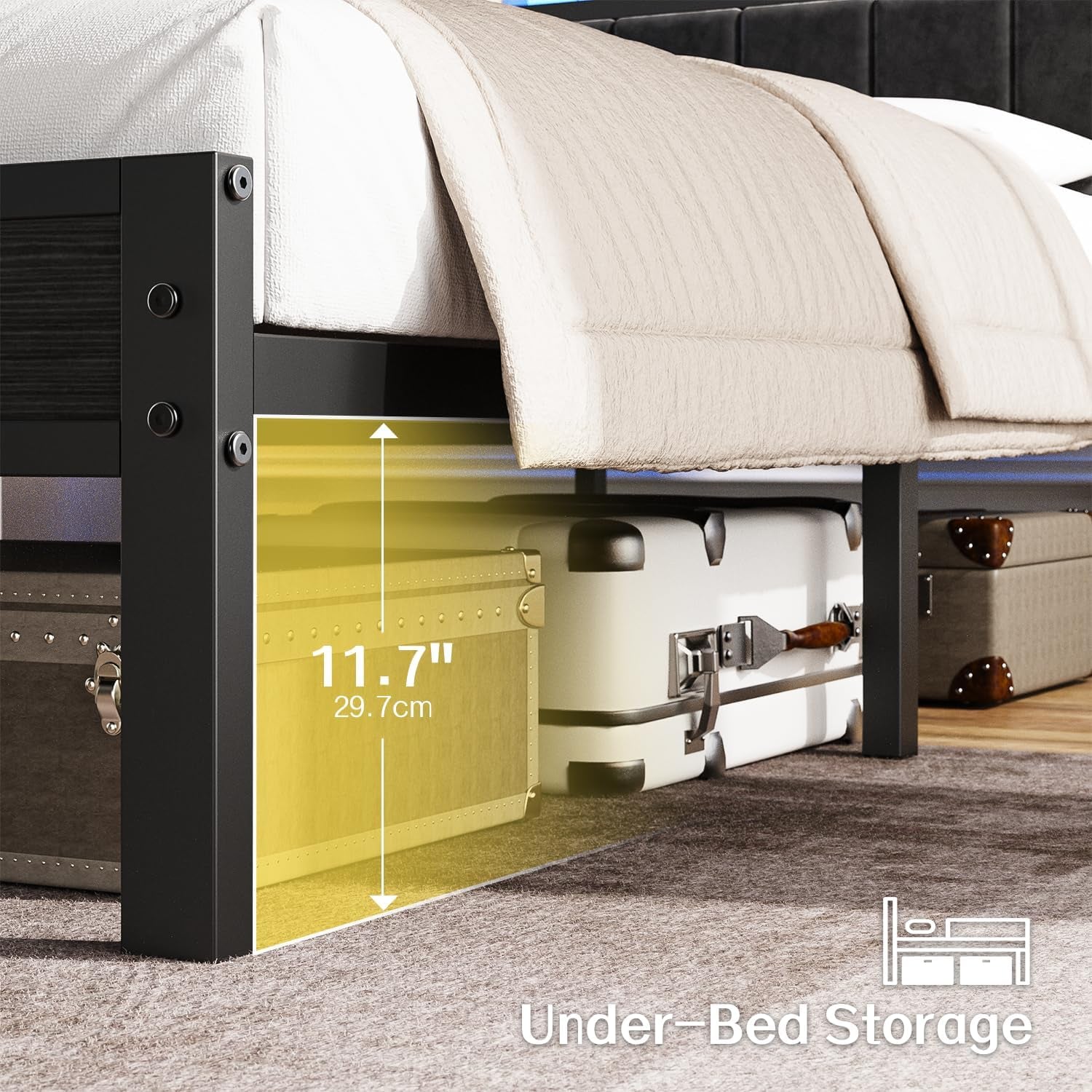 Queen Size Bed Frame with LED Lights & Charging Station, Modern Platform Bed with 2-Tier Storage Headboard, No Box Spring Needed, Noise Free