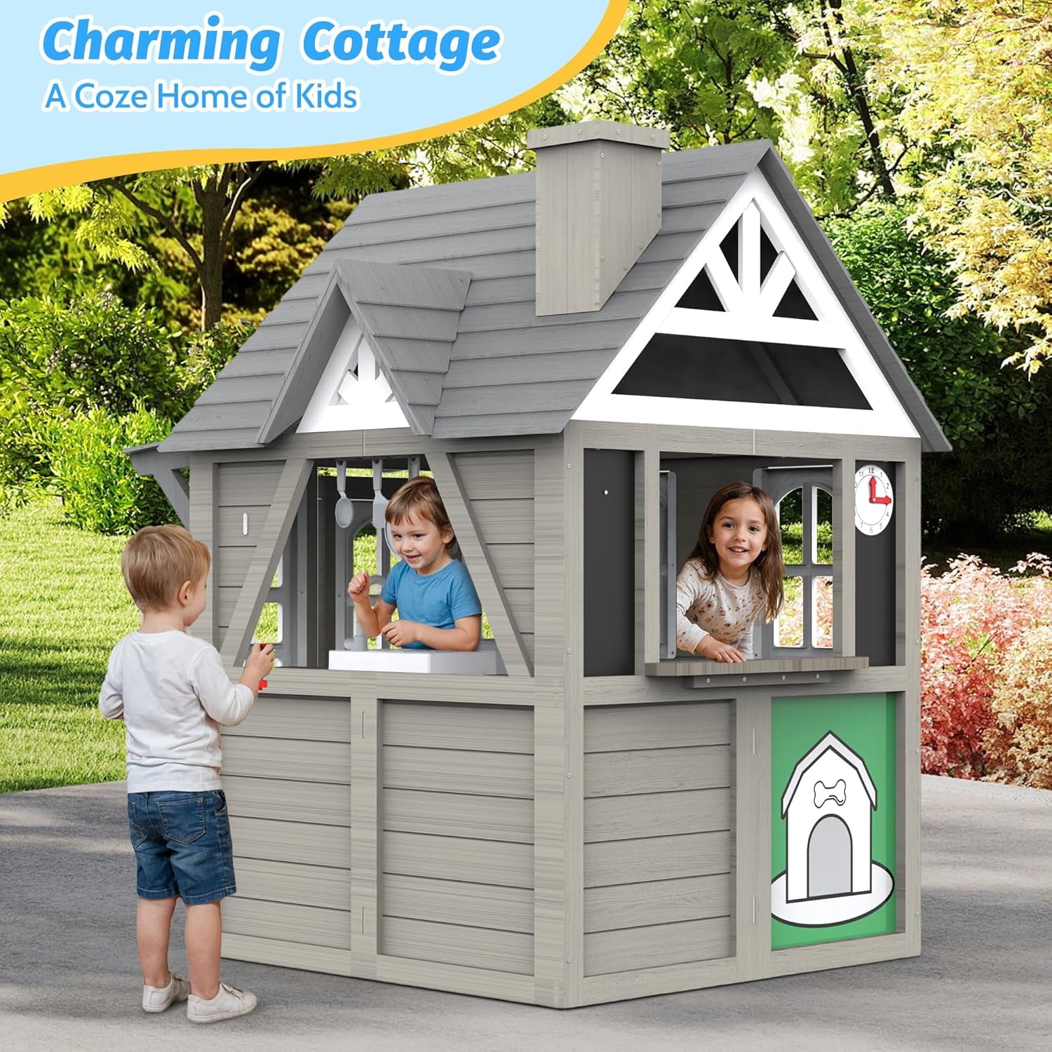 Kids Outdoor Playhouse,Cedar Gray Wooden Play House for Kids Ages 3-8, with Play Kitchen, Interactive Doorbell, Toy Phone, Sink, Flowerpot