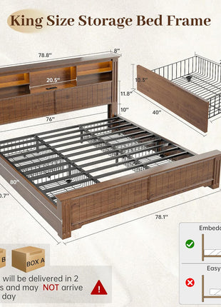 King Size Bed Frame with Four Storage Drawers, Integrated Headboard with LED Lighting and Charging Ports, No Box Spring Required, Noise-Free Wooden Construction, Brown Finish