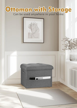 Extra Thick Foam Padded Storage Ottoman with Foldable Footrest, Linen Fabric Bench for Bedroom and Living Room, 43L Capacity, 300 lbs Weight Capacity, Dimensions: 17" x 13" x 13", Dark Gray