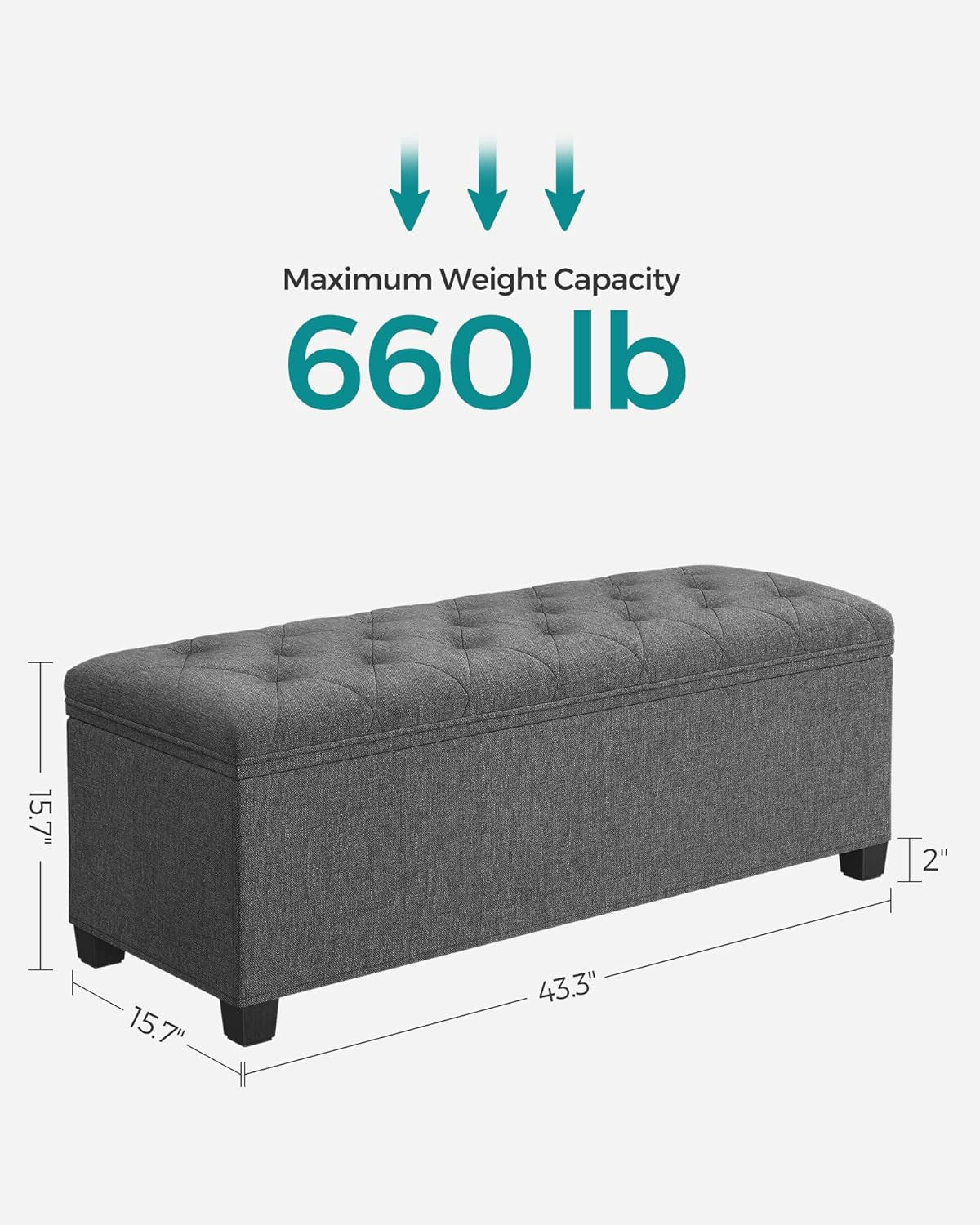 Storage Ottoman Bench, Foot Rest with Legs, 15.7 X 43.3 X 15.7 Inches, End of Bed Bench, Storage Chest, Load up to 660 Lb, for Living Room, Bedroom, Entryway, Dark Gray ULSF088G01