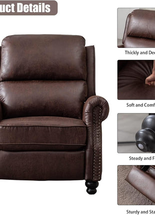 Pushback Recliner Chair in Faux Leather with Rivet Accents - Reddish Brown Single Sofa Accent Chair for Living Room