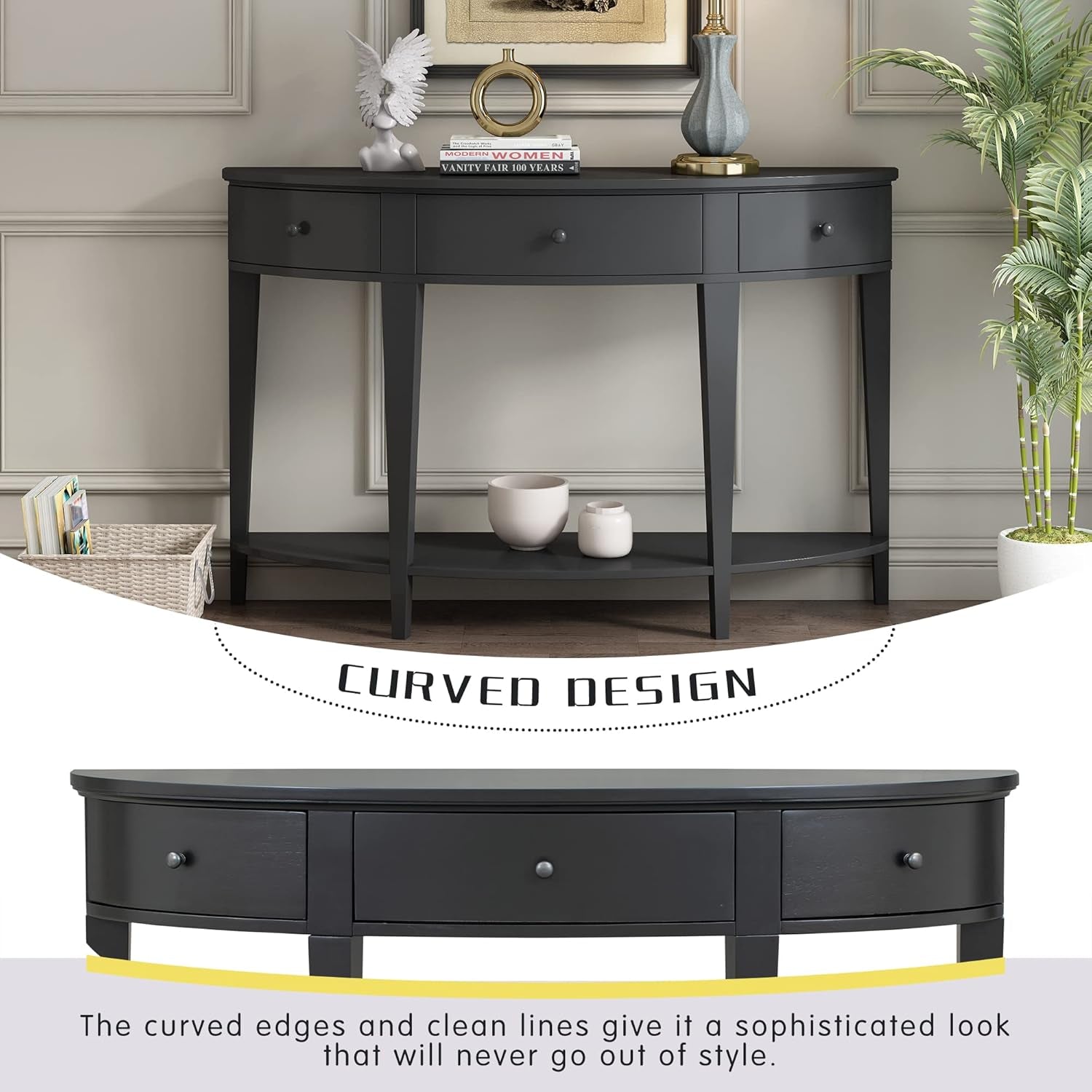 Half-Moon Console Table, Retro Sofa Table with 3 Storage Drawers and Shelf, Solid Wood Side Table for Entryway Living Room Bedroom, Black