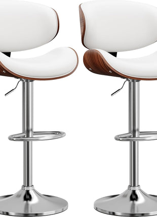 Set of 2 Adjustable Height Swivel Bar Stools with Bentwood Design, PU Leather Upholstery, Backrest, and Footrest for Bar, Kitchen, and Dining Room in White