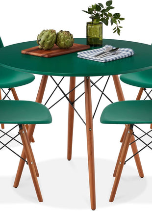 5-Piece Mid-Century Modern Dining Set Featuring Compact Table and Four Chairs in Dark Green and Walnut Finish with Plastic Seats, Wooden Legs, and Metal Frame