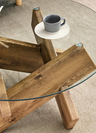 Round Glass Top Coffee Table for Living Room, 33.4-Inch Rustic Farmhouse Center Table with Mid-Century Wooden Crossed Legs