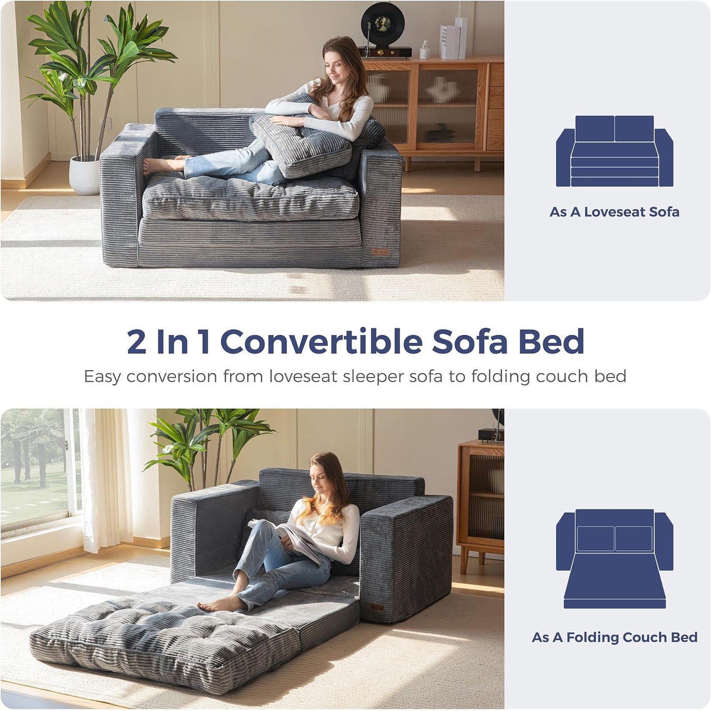 Convertible Sofa Bed, Pull Out Loveseat Sleeper Sofa, 2 in 1 Folding Couch Bed, Fold Out Floor Couch with Pillows for Living Room Bedroom Lounge, Dark Grey