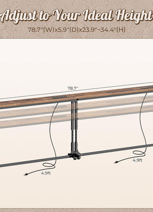 Height Adjustable Rustic Brown Console Table with Power Outlets and USB-C Ports, 78.7 Inches, Perfect for Compact Living Spaces
